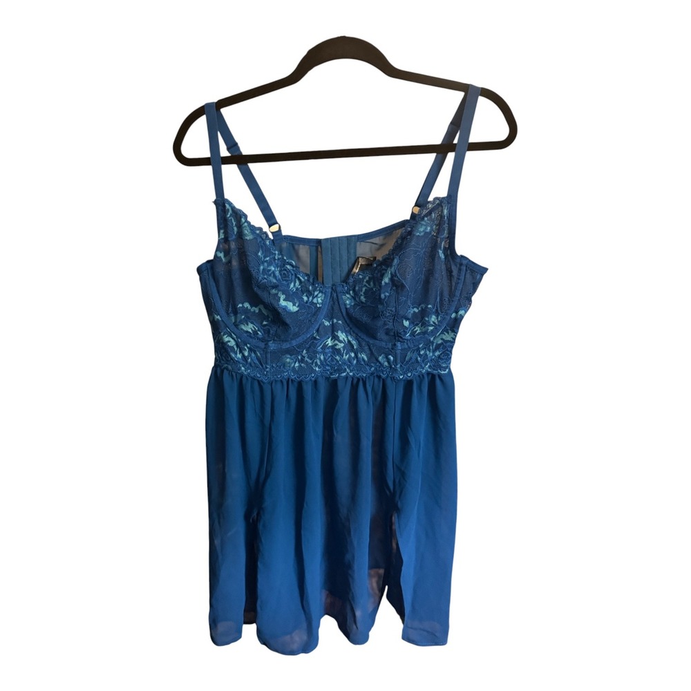 Torrid Curve Size 2 Peacock Blue Teal Lace Sheer Babydoll Lingerie Underwire